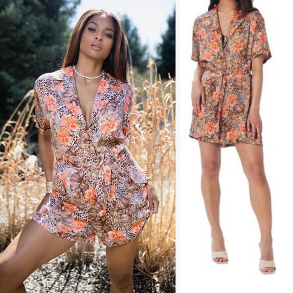 Lita by Ciera Belted Short Sleeve Romper Leopard Floral Print Womens Medium $348